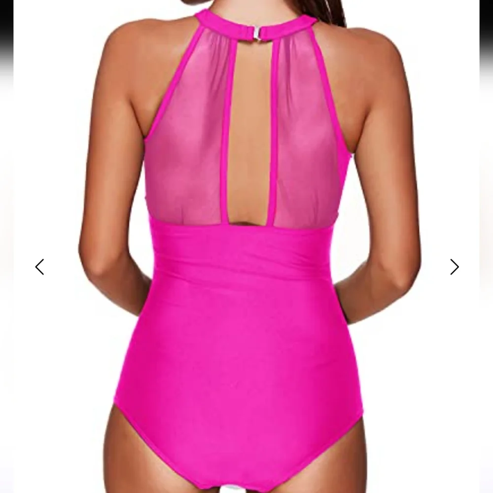 Pink High Neck Mesh Ruched One Piece Swimsuit Size 16W - Picture 2 of 8